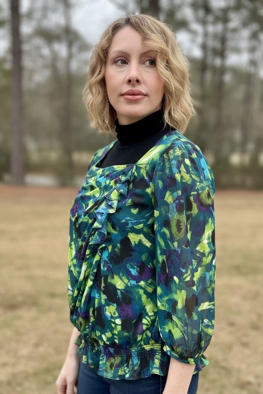 Marc Brouwer vibrant abstract print sheer blouse with smocked waist
